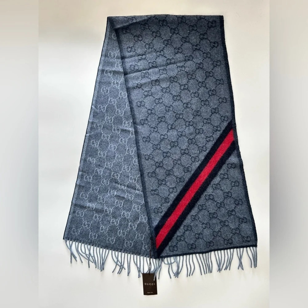 New With Tags Gucci Nikky Wool Alpaca Monogram Web Blue Scarf Shawl Fringe